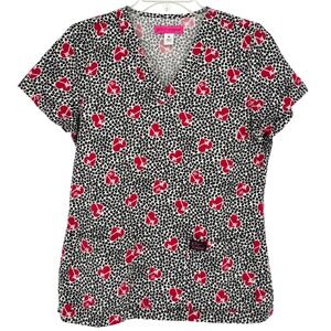 Betsey Johnson Heart Print Scrub Top V Neck Black Red Womens M Nurse Healthcare
